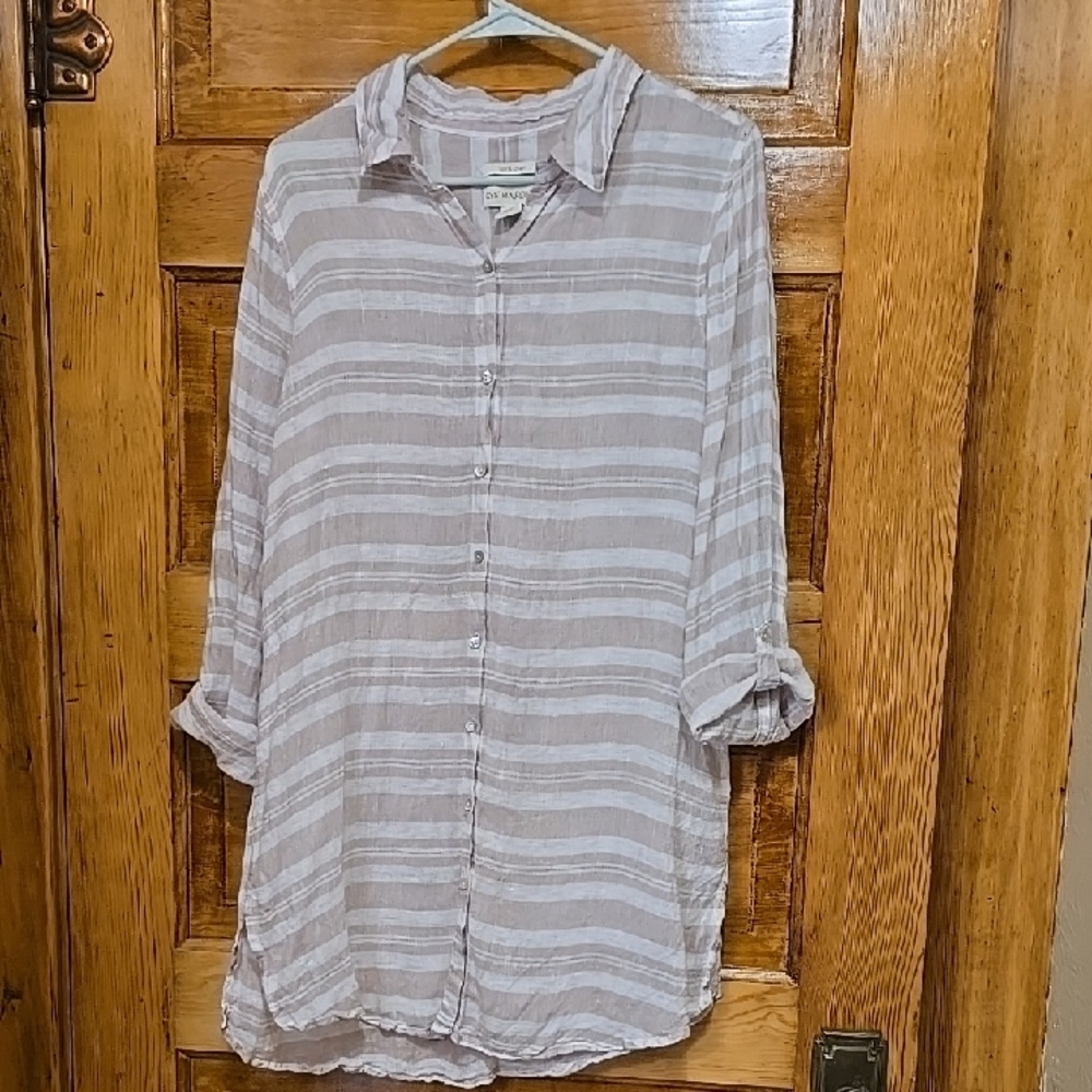 Cynthia Rowley 100% Linen White Tan Casual Long Sleeve Tunic L - Picture 1 of 4
